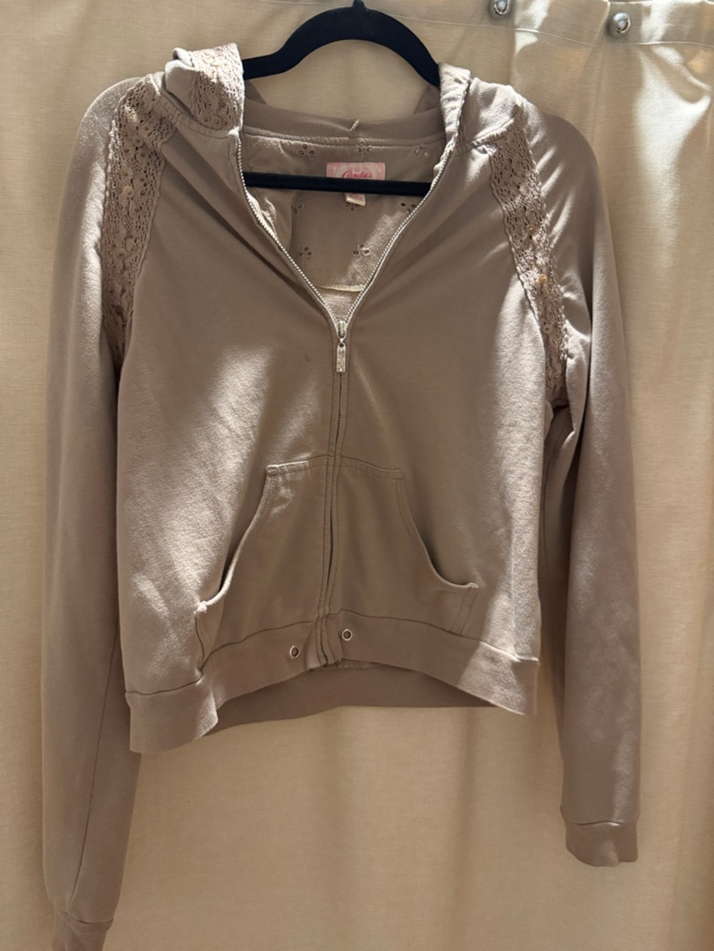 Candies Taupe Lace-Trim Zip Bomber Jacket